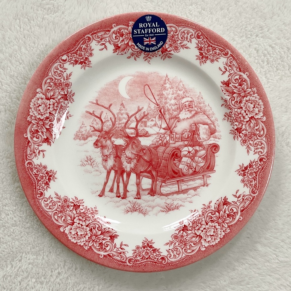 Royal Stafford Red Transferware Plate 8.25” Santa Sleigh England Winter